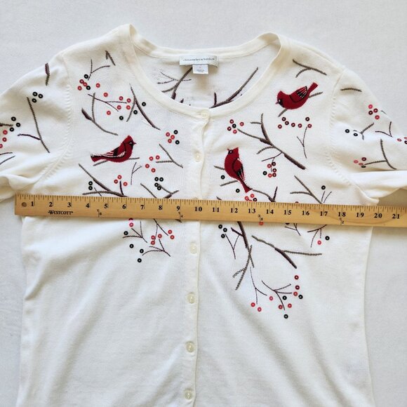 Embroidered Cardinal Sequins Cardigan Sweater Cream Red Grandma Winter Holiday - Picture 12 of 13